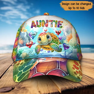 Personalized Auntie Turtle Hearts with Kid Names Cap Printed MTPN202324