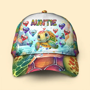 Personalized Auntie Turtle Hearts with Kid Names Cap Printed MTPN202324