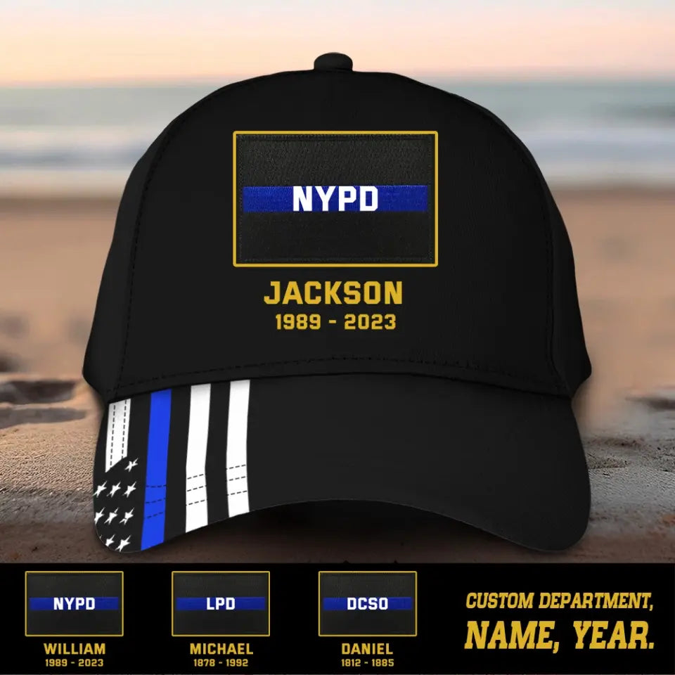 Personalized US Thin Blue Line With Department Cap Printed QTNL202354