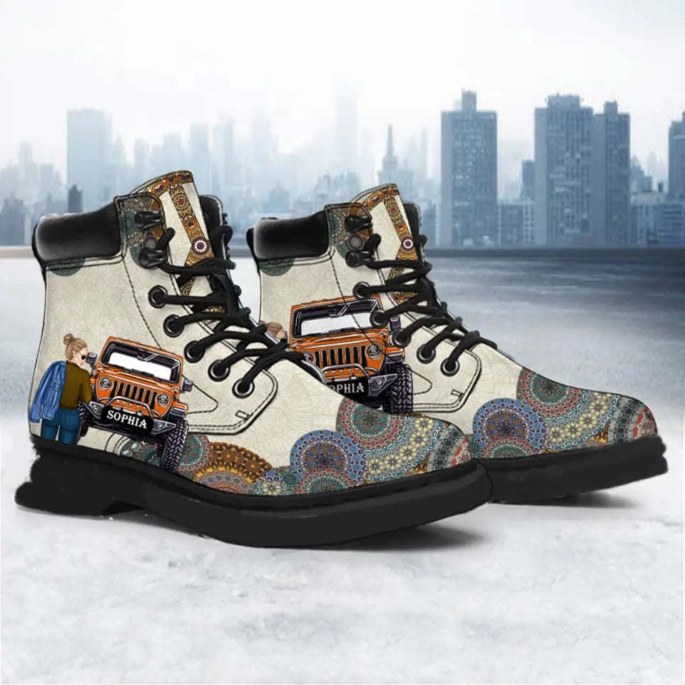 Personalized Jeep Girl & Name Leather Boots Printed MTHN202348