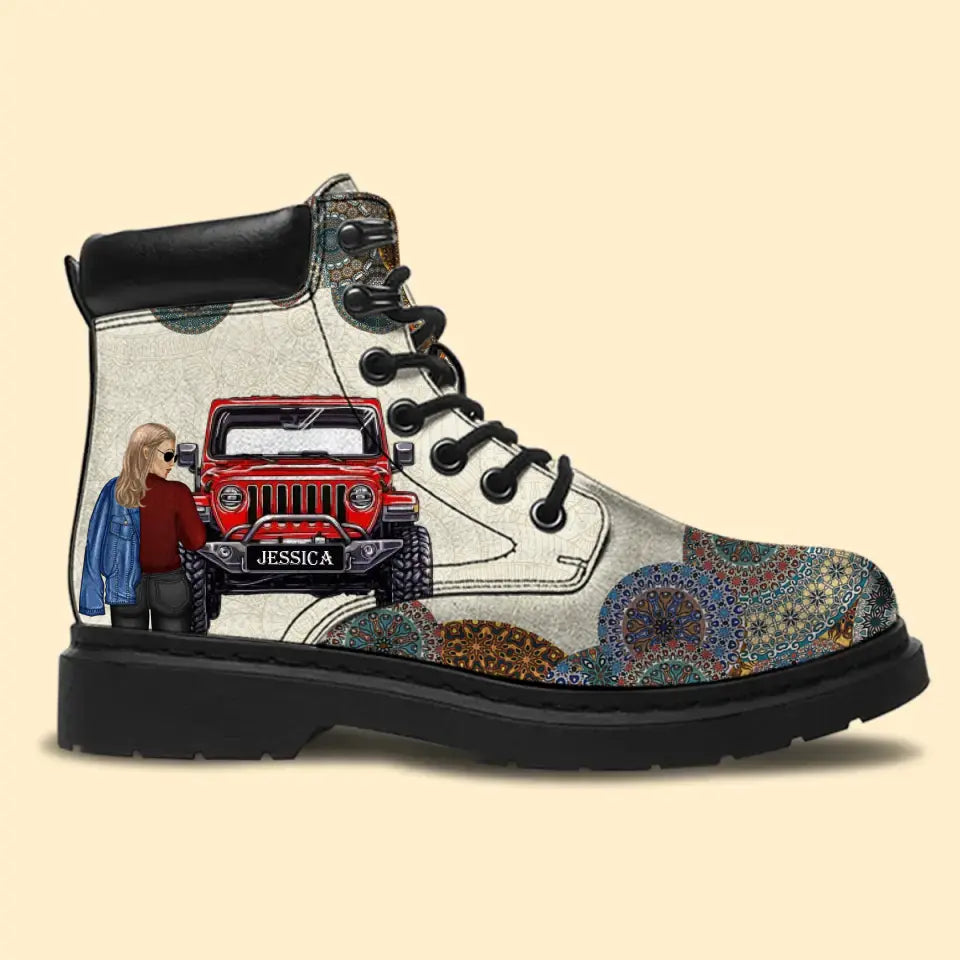 Personalized Jeep Girl & Name Leather Boots Printed MTHN202348