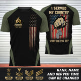 Personalzied I Served My Country What Did You Do US Rank Camo with Name 3D T-shirt Printed MTHPTN202380