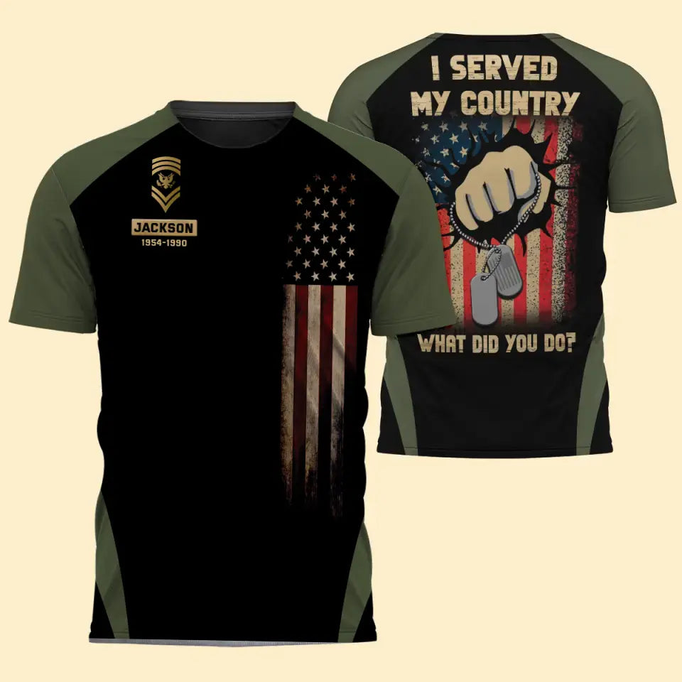 Personalzied I Served My Country What Did You Do US Rank Camo with Name 3D T-shirt Printed MTHPTN202380