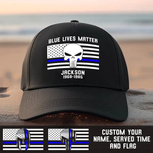 Personalized Blue Lives Matter Spartan Skull  Thin Blue Line US Flag Custom Name Black Cap PVD2023112