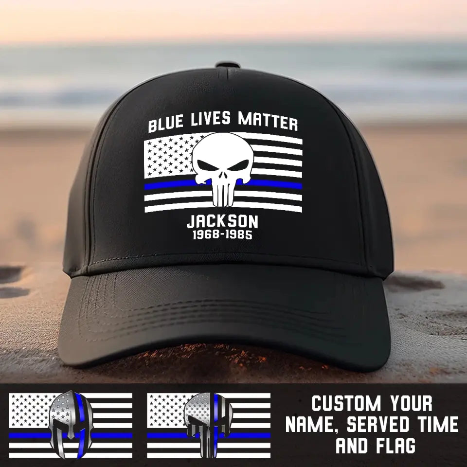 Personalized Blue Lives Matter Spartan Skull  Thin Blue Line US Flag Custom Name Black Cap PVD2023112