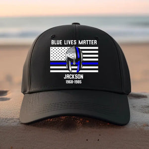 Personalized Blue Lives Matter Spartan Skull  Thin Blue Line US Flag Custom Name Black Cap PVD2023112