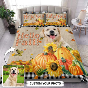 Personalized Upload Your Dog Photo Hello Fall Pumpkins Autumn Bedding Set Printed PVD23133