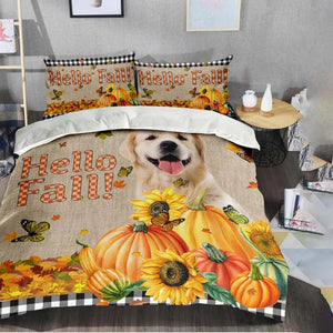 Personalized Upload Your Dog Photo Hello Fall Pumpkins Autumn Bedding Set Printed PVD23133