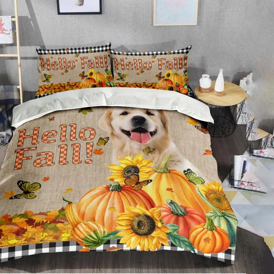Personalized Upload Your Dog Photo Hello Fall Pumpkins Autumn Bedding Set Printed PVD23133