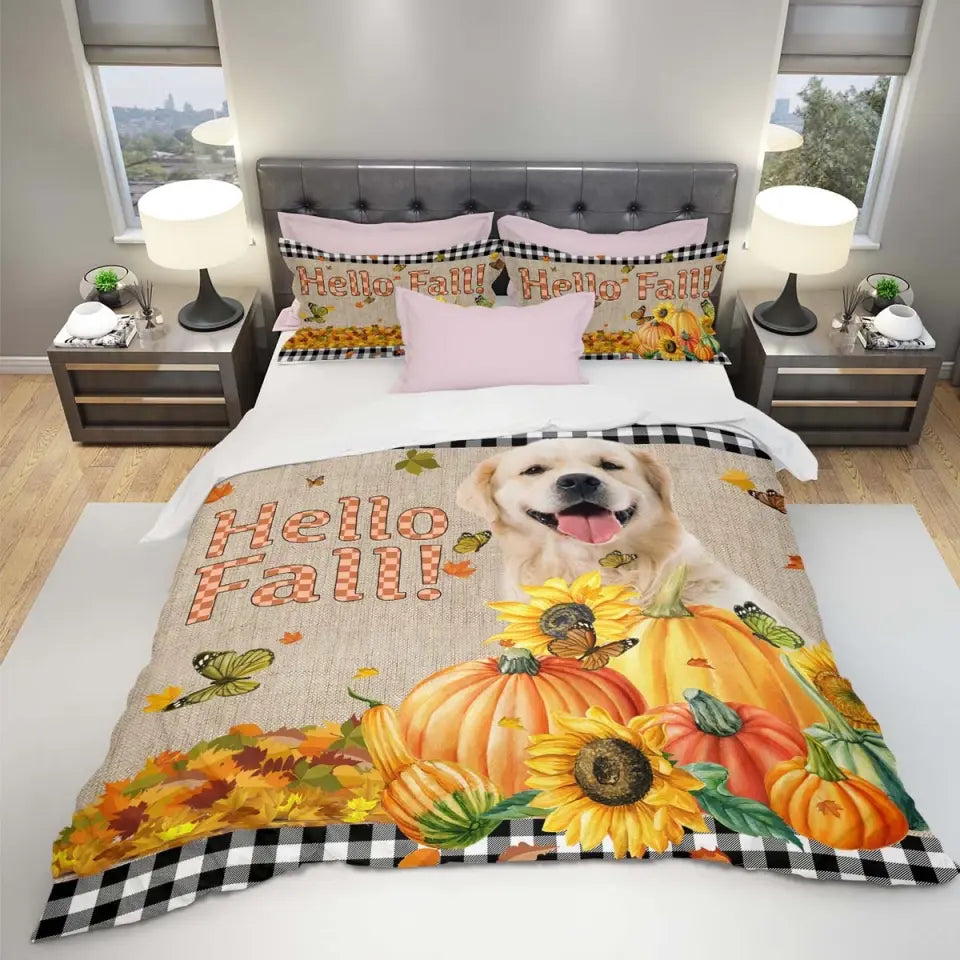 Personalized Upload Your Dog Photo Hello Fall Pumpkins Autumn Bedding Set Printed PVD23133