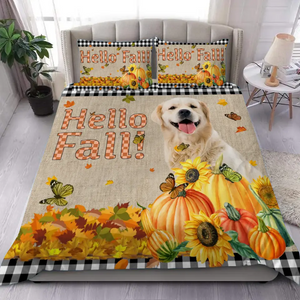 Personalized Upload Your Dog Photo Hello Fall Pumpkins Autumn Bedding Set Printed PVD23133