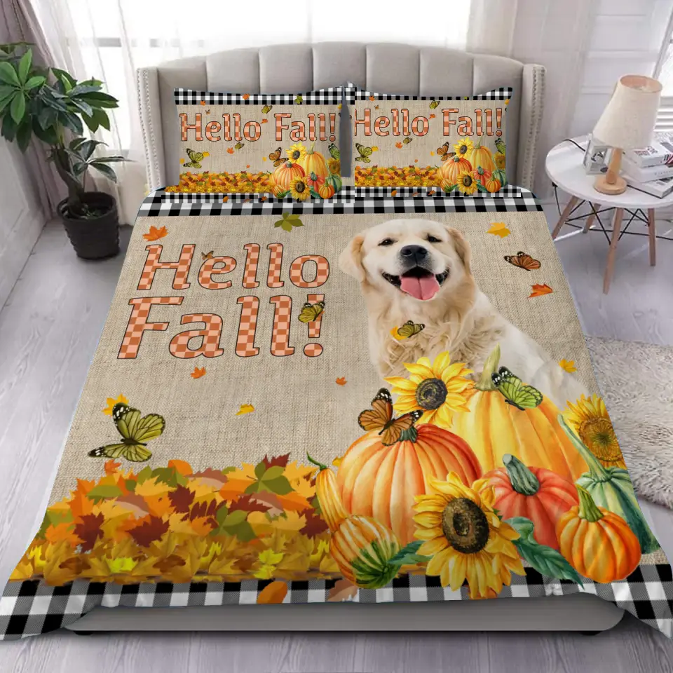 Personalized Upload Your Dog Photo Hello Fall Pumpkins Autumn Bedding Set Printed PVD23133