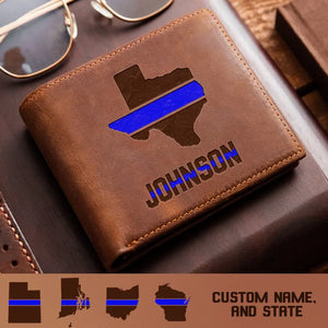 Personalized US States Thin Blue Line Leather Wallet QTPD23240
