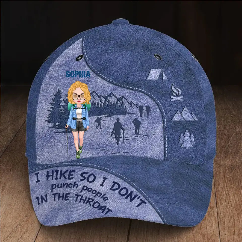 Personalized I Hike So I Don't Punch People In The Throat Hiking Girl with Name Cap Printed HN23218