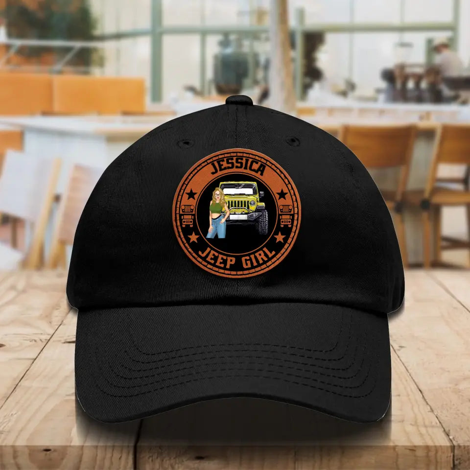 Personalized Jeep Girl with Name Leather Patch Black Cap Printed DNL23260