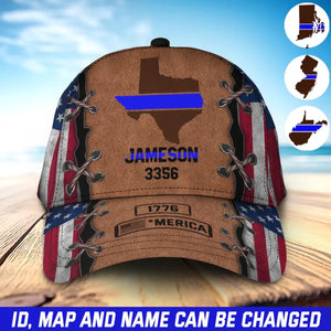 Personalized US Maps States Thin Blue Line 3D Cap Printed QTPN408