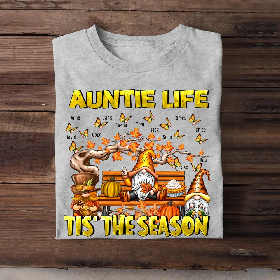 Personalized Fall Season Gnome Auntie Life Butterflies with Kid Names T-shirt HTHHN23433