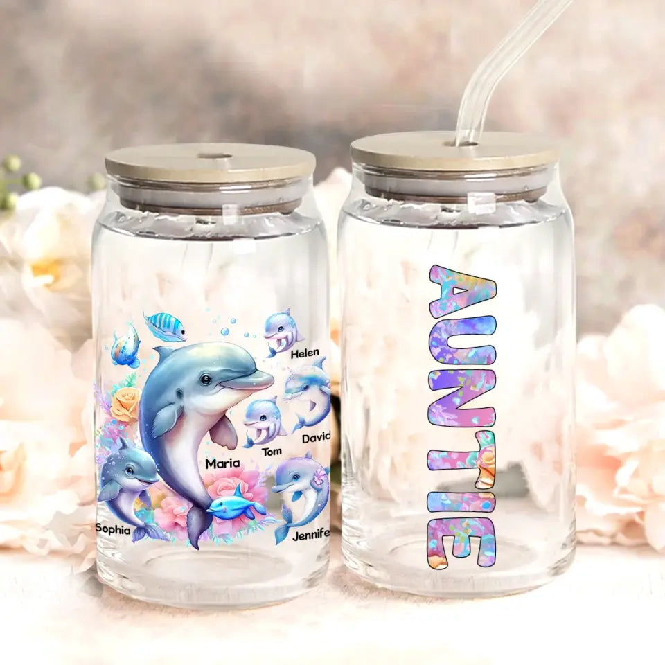 Personalized Auntie Dolphins with Kid Names Can Glass MTPN23464