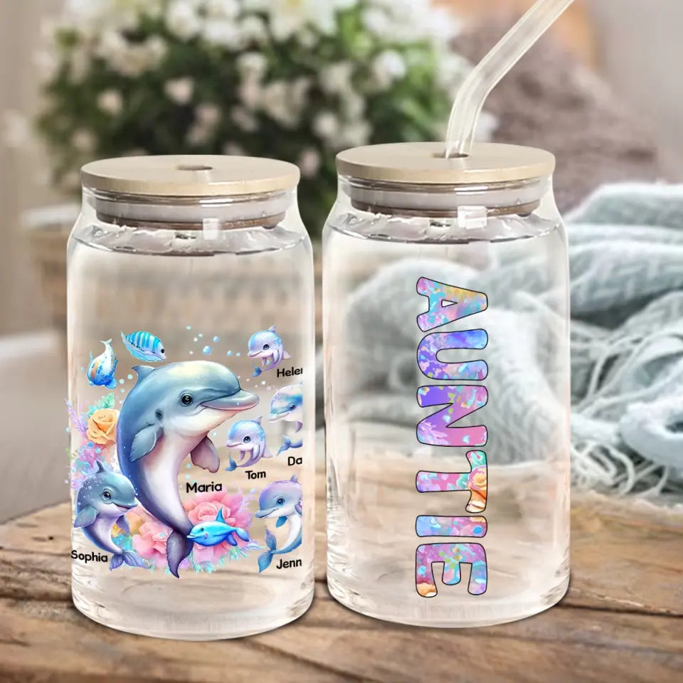 Personalized Auntie Dolphins with Kid Names Can Glass MTPN23464