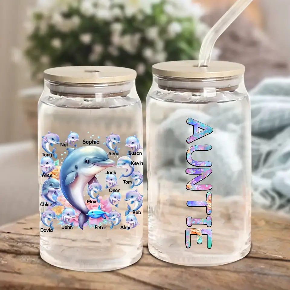 Personalized Auntie Dolphins with Kid Names Can Glass MTPN23464