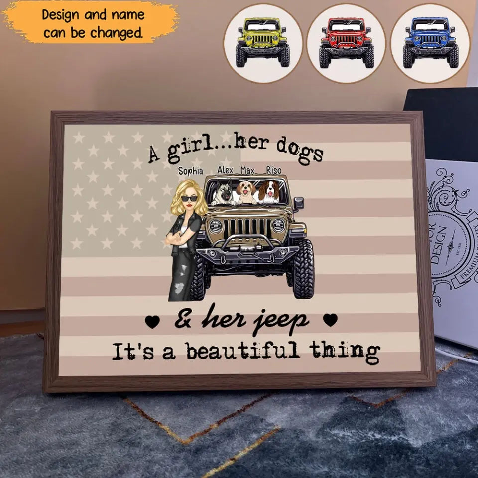 Personalized A Girl Her Dogs & Her Jeep It's A Beautiful Thing Jeep Girl Light Frame Canvas Printed HN23473
