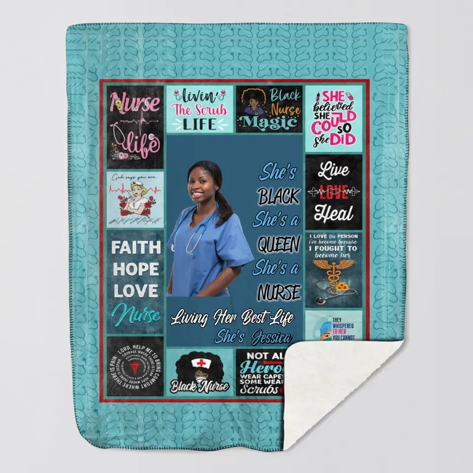 Personalized Upload Your Photo She's Black She's A Queen She's A Nurse Living Her Best Life She's Jessica Sherpa or Fleece Blanket Printed HTHVQ23492