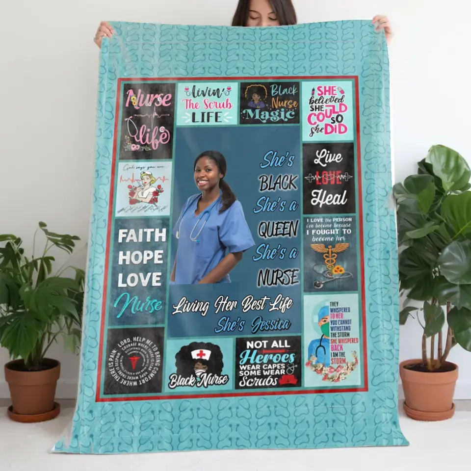Personalized Upload Your Photo She's Black She's A Queen She's A Nurse Living Her Best Life She's Jessica Sherpa or Fleece Blanket Printed HTHVQ23492