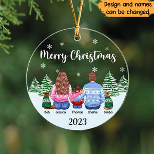 Personalized Merry Christmas Family with Pets Dog Lovers Cat Lovers Gift Xmas Gift Acrylic Ornament Printed HTHVQ23511