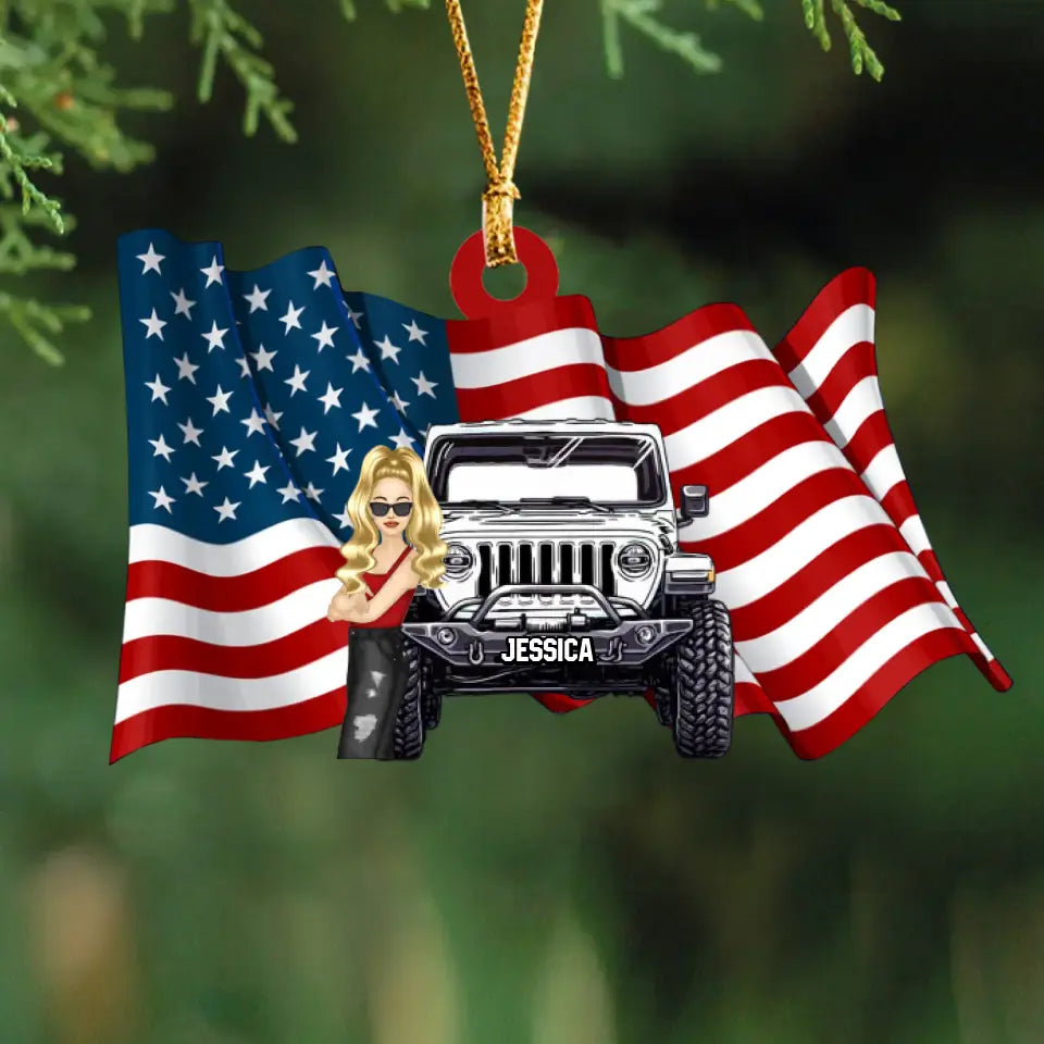 Personalized US Flag Jeep Girl Custom Name Christmas Gift Acrylic Ornament Printed KVH23517