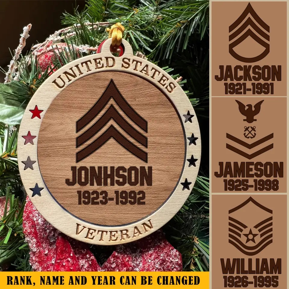 Personalized United States Veteran Rank Camo Christmas Gift Wooden Ornament PrintedKVH23540