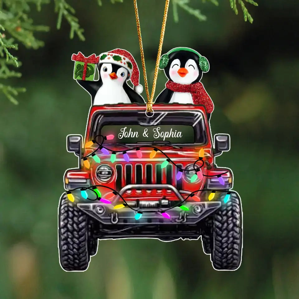 Personalized Couple Penguin & Jeep Christmas Gift Acrylic Ornament Printed PTN23557