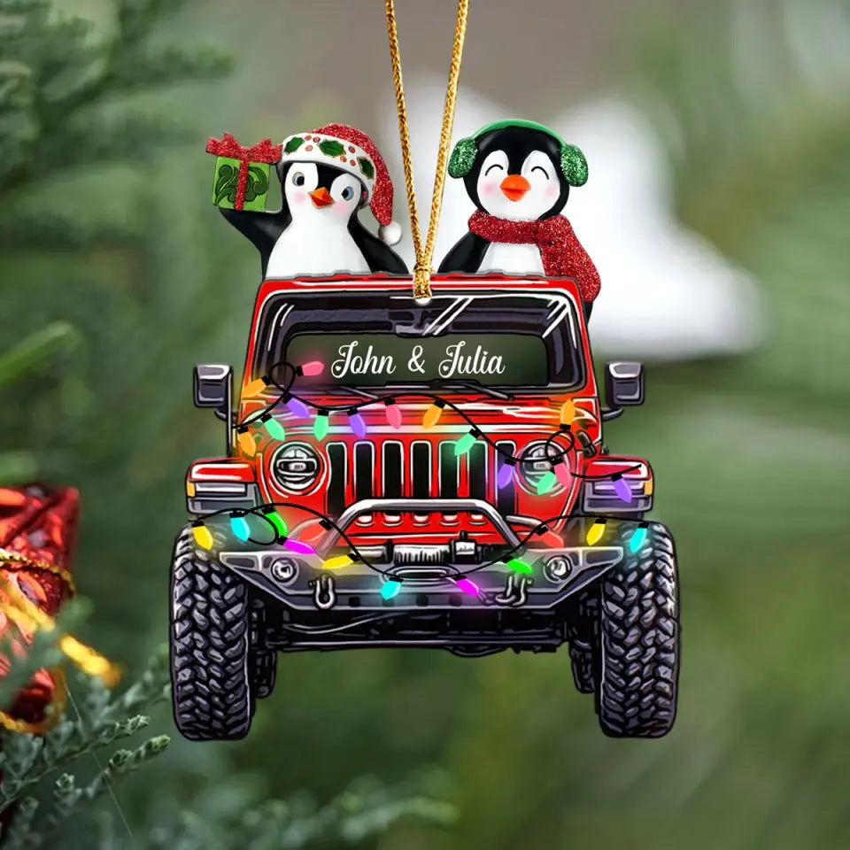 Personalized Couple Penguin & Jeep Christmas Gift Acrylic Ornament Printed PTN23557