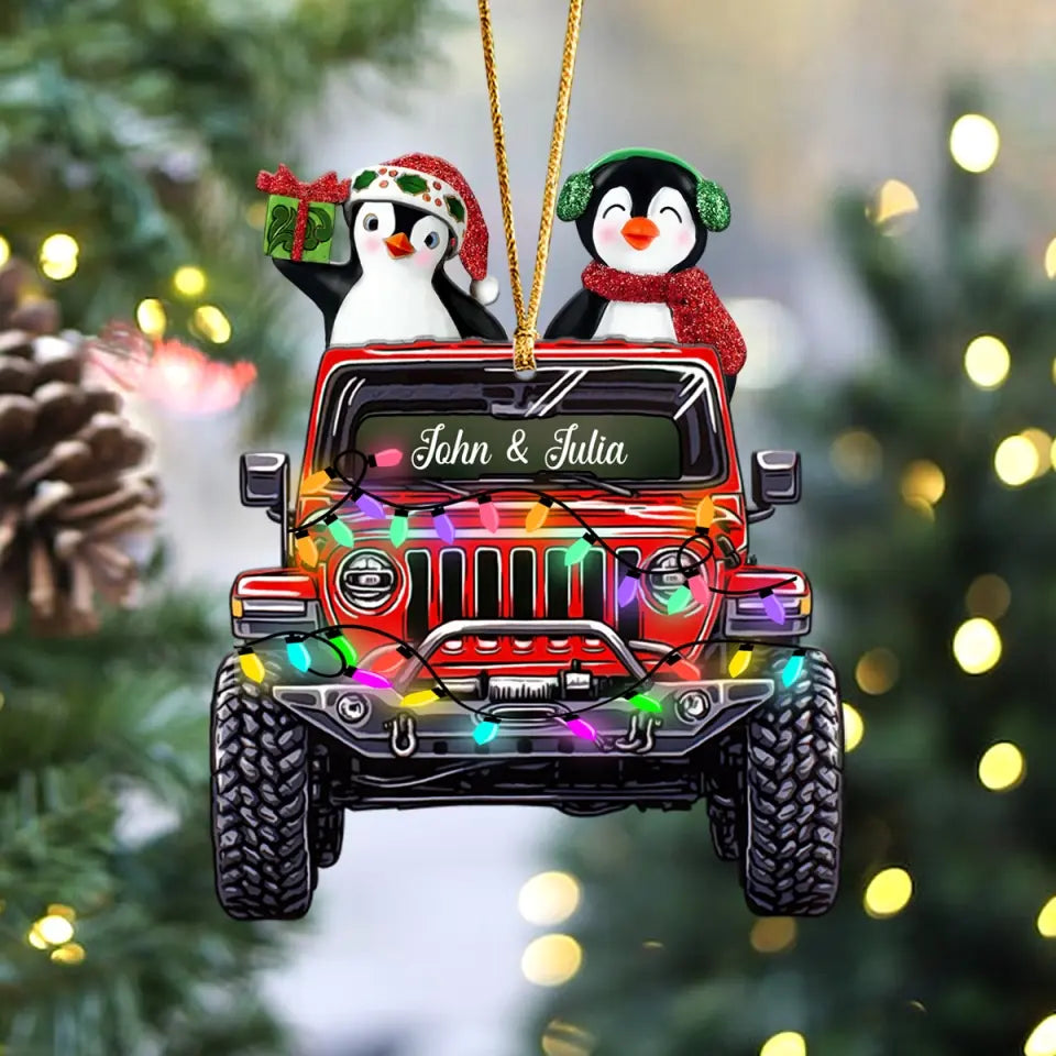 Personalized Couple Penguin & Jeep Christmas Gift Acrylic Ornament Printed PTN23557