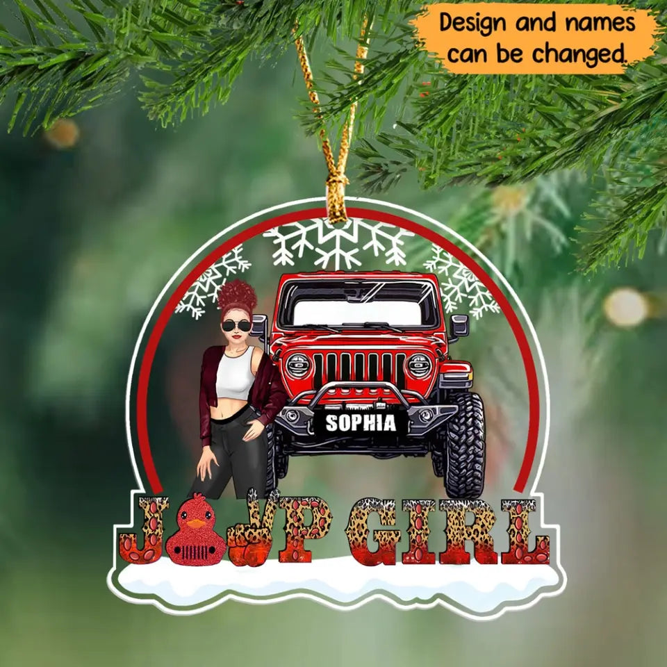 Personalized Jeep Girl with Name Christmas Gift Acrylic Ornament Printed HN23567