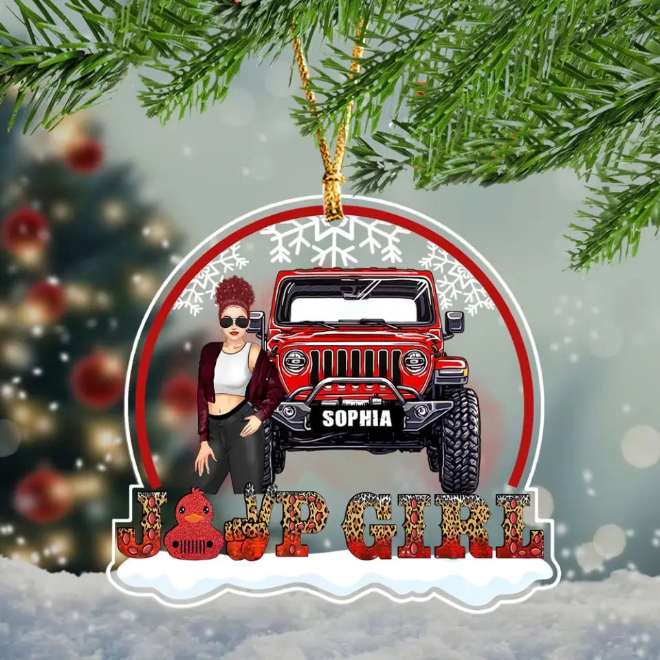 Personalized Jeep Girl with Name Christmas Gift Acrylic Ornament Printed HN23567