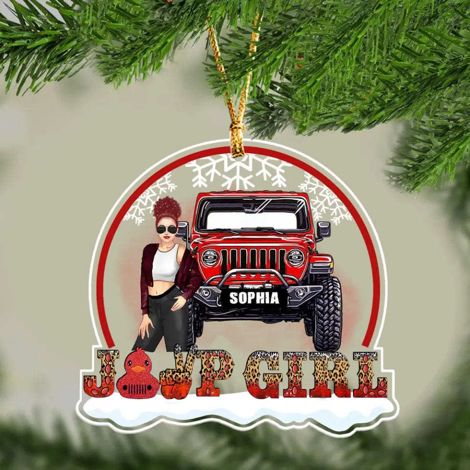 Personalized Jeep Girl with Name Christmas Gift Acrylic Ornament Printed HN23567