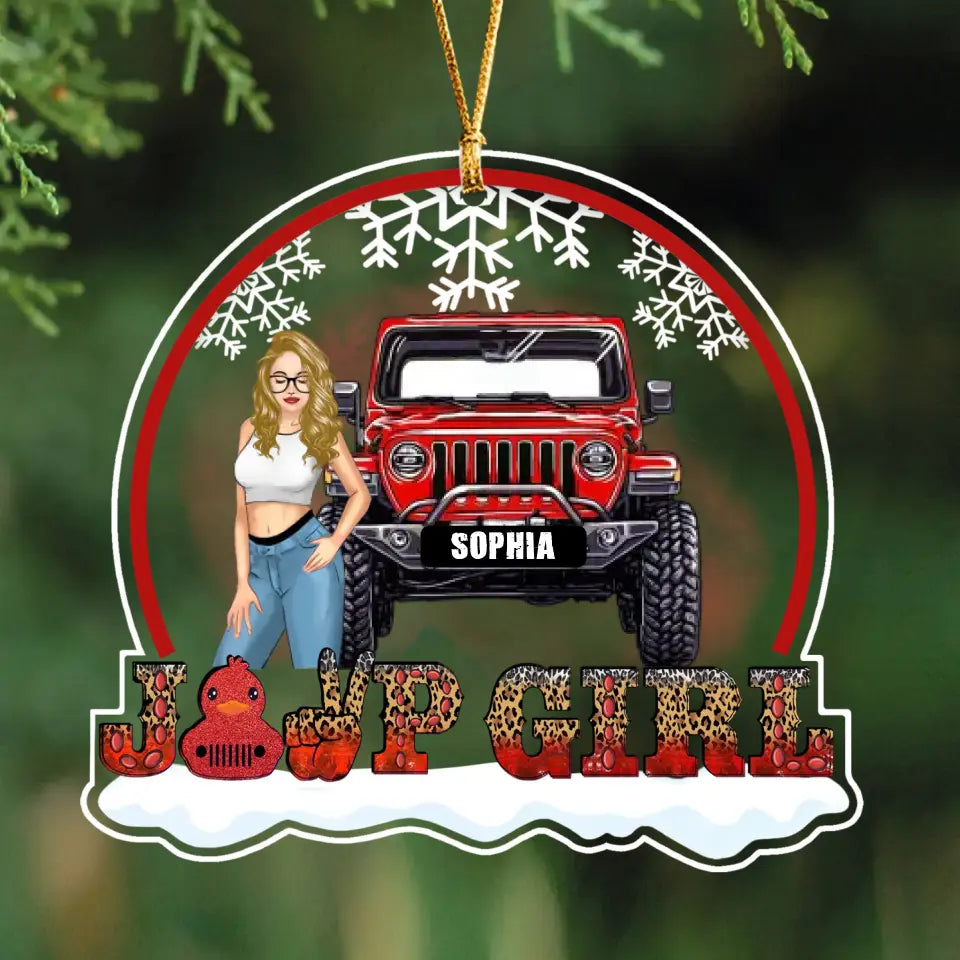 Personalized Jeep Girl with Name Christmas Gift Acrylic Ornament Printed HN23567