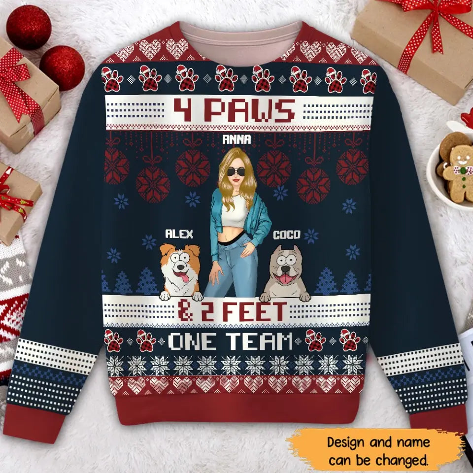 Personalized 4 Paws & 2 Feet One Team Dog Girl Ugly Sweater Printed NTMTHN23585