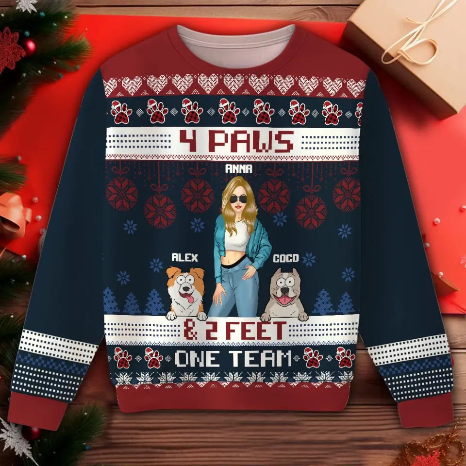 Personalized 4 Paws & 2 Feet One Team Dog Girl Ugly Sweater Printed NTMTHN23585