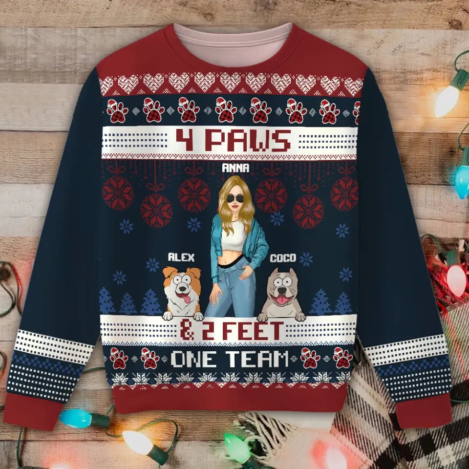 Personalized 4 Paws & 2 Feet One Team Dog Girl Ugly Sweater Printed NTMTHN23585