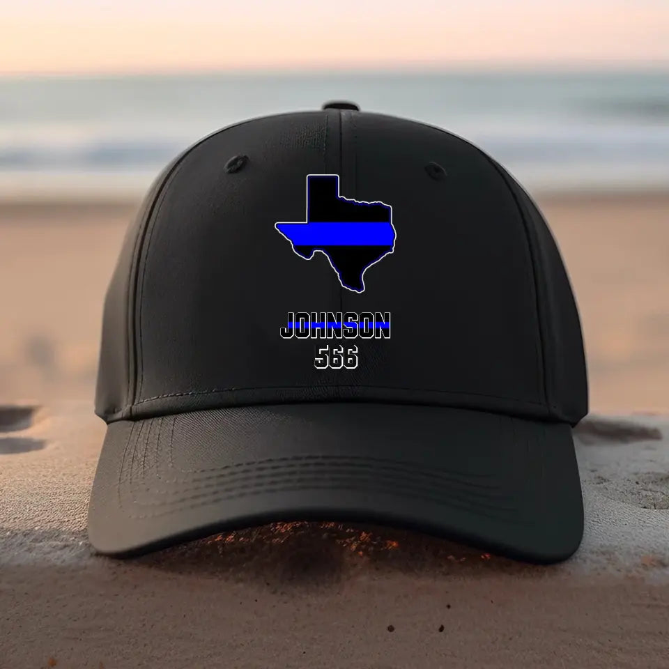 Personalized Thin Blue Line US State Flag Custom Name And Badge Number Black Cap QTVQ599