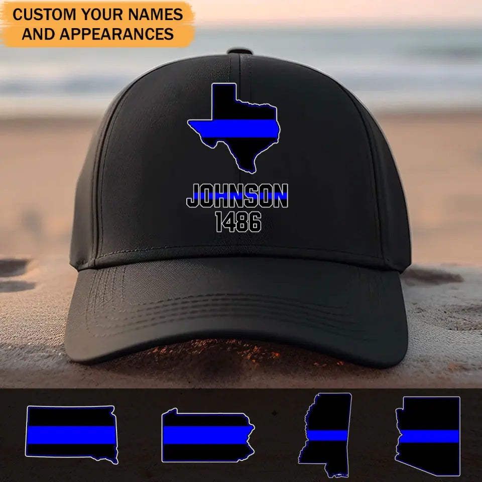 Personalized Thin Blue Line US State Flag Custom Name And Badge Number Black Cap QTVQ599