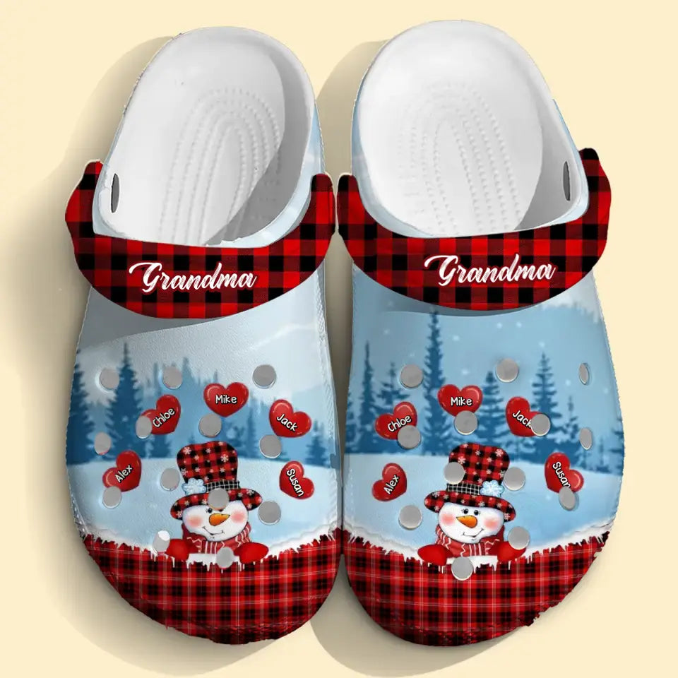 Personalized Grandma Snowman Hearts with Kid Names Clogs Slipper Shoes Printed VQ23607