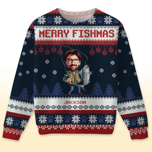Personalized Upload Your Fishing Photo Merry Fishmas Christmas Gift Ugly Sweater Printed KVH23609