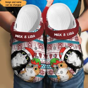 Personalized Xmas Cat Couple Cat Lovers Gift Christmas Gift Clogs Slipper Shoes Printed HN23618