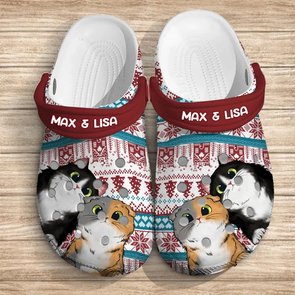 Personalized Xmas Cat Couple Cat Lovers Gift Christmas Gift Clogs Slipper Shoes Printed HN23618