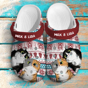 Personalized Xmas Cat Couple Cat Lovers Gift Christmas Gift Clogs Slipper Shoes Printed HN23618