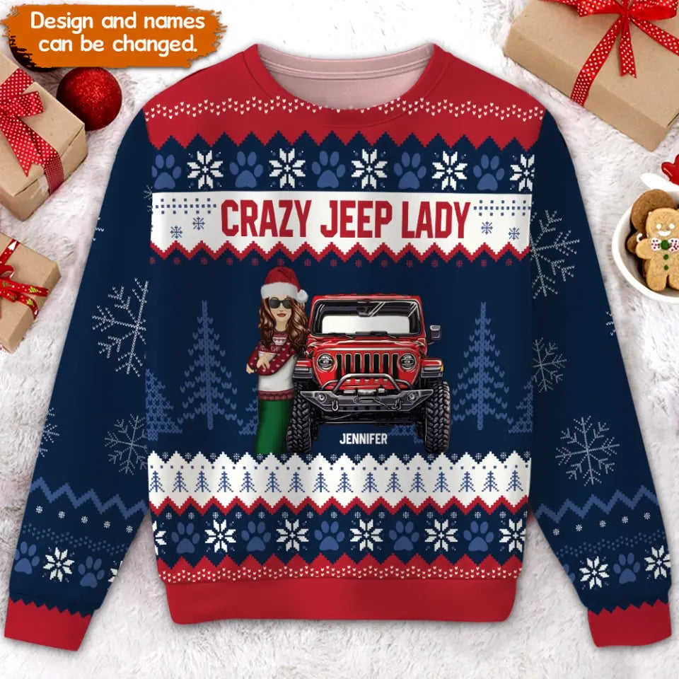 Personalized Crazy Jeep Lady Jeep Girl Ugly Sweater Printed PTN23656