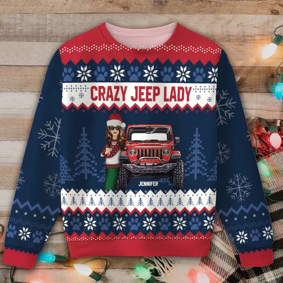 Personalized Crazy Jeep Lady Jeep Girl Ugly Sweater Printed PTN23656