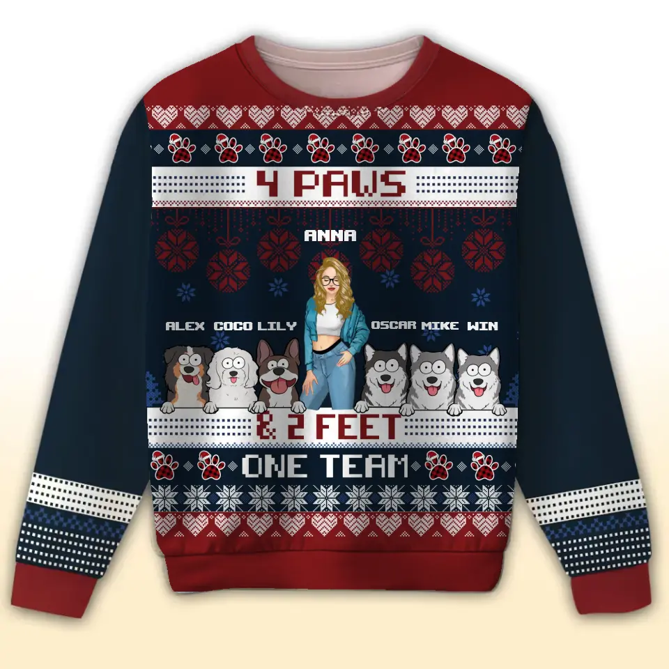 Personalized 4 Paws & 2 Feet One Team Dog Girl Ugly Sweater Printed NTMTHN23585